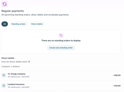 Regular payments direct debit screenshot