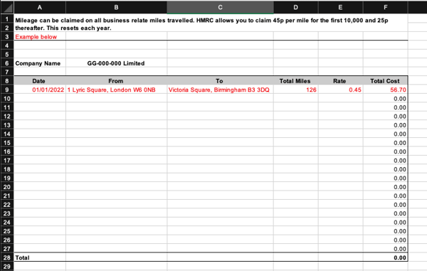 HMRC Mileage Claim Form Screenshot